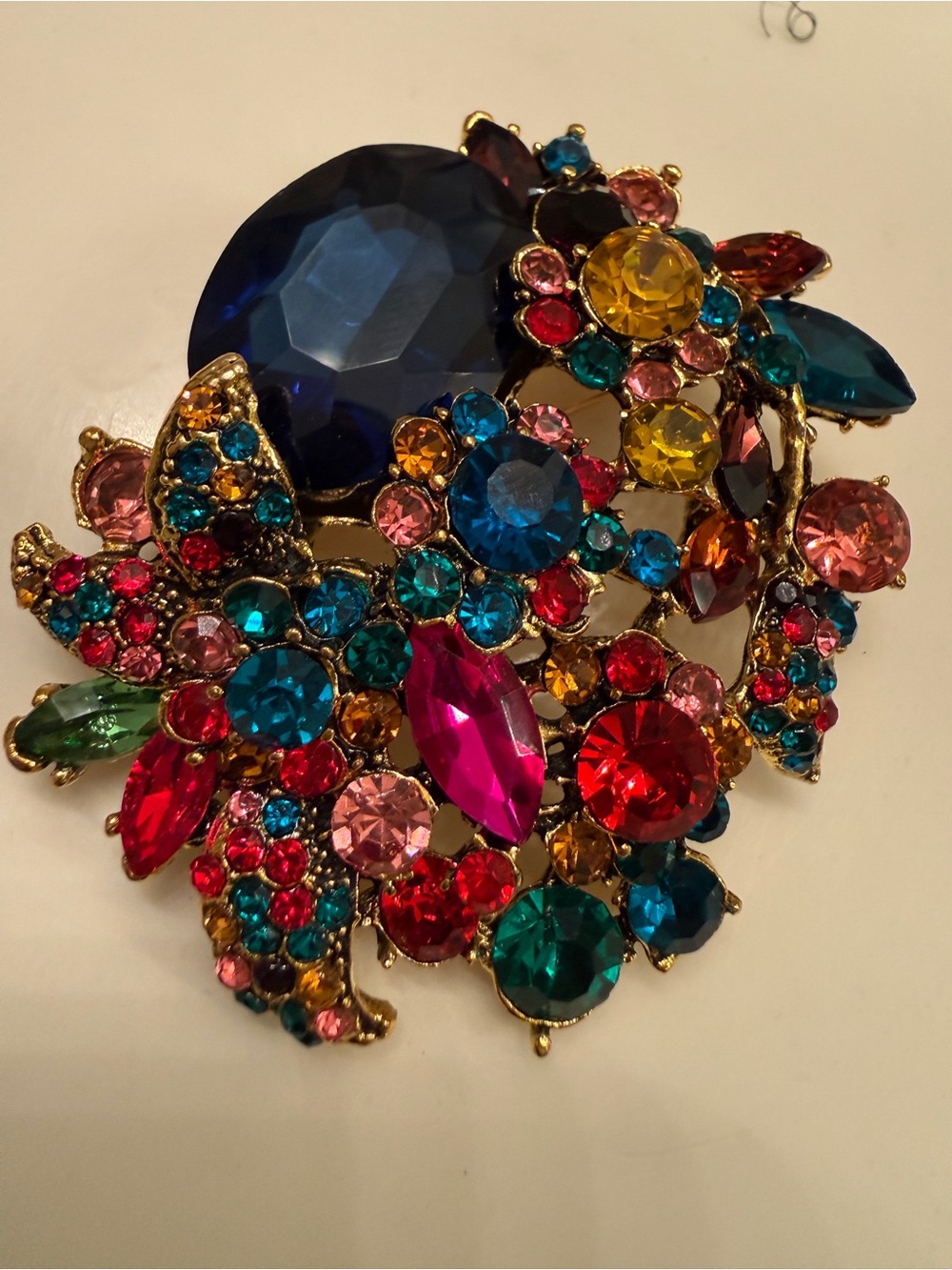 Vibrant Rainbow Rhinestone Flower Brooch Pendant Mixed Stone Statement Pin